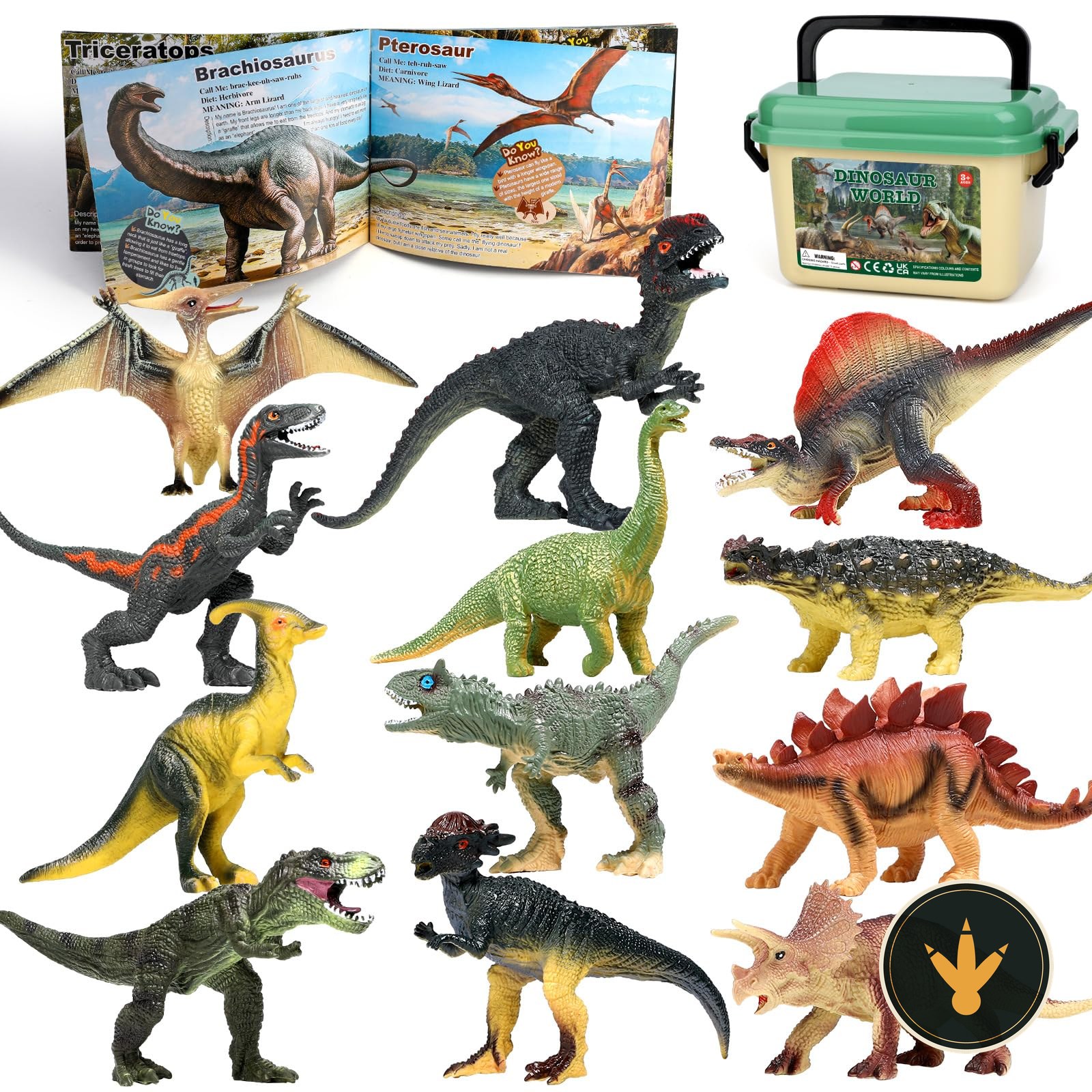 Set FRUSE con 12 figure di dinosauri, libro e scatola