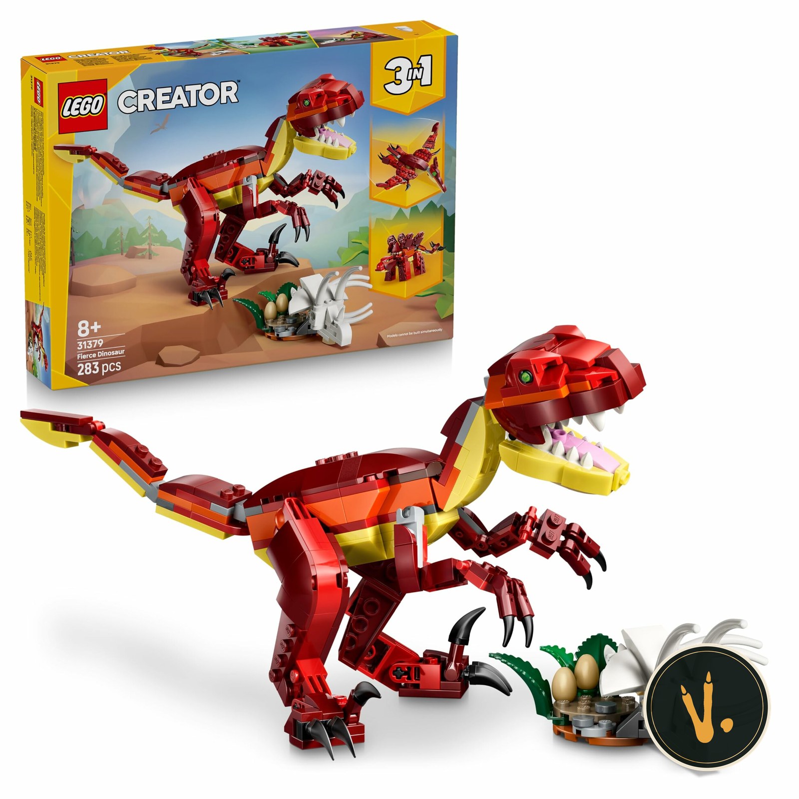 LEGO Creator 3 in 1 Feroce dinosauro 31379, confezione e velociraptor montato