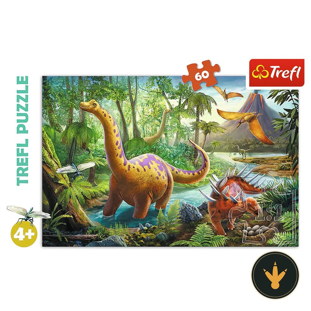 Puzzle Trefl La via dei dinosauri da 60 pezzi, confezione e immagine