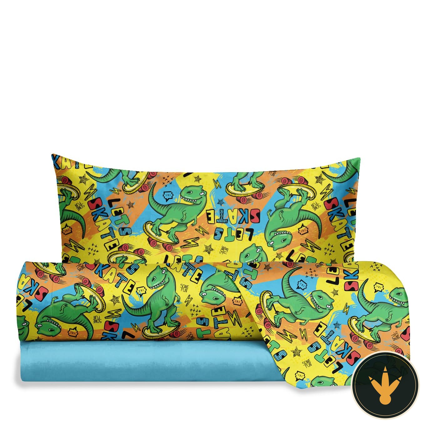 Lenzuola dinosauri hermet Jolly su letto singolo