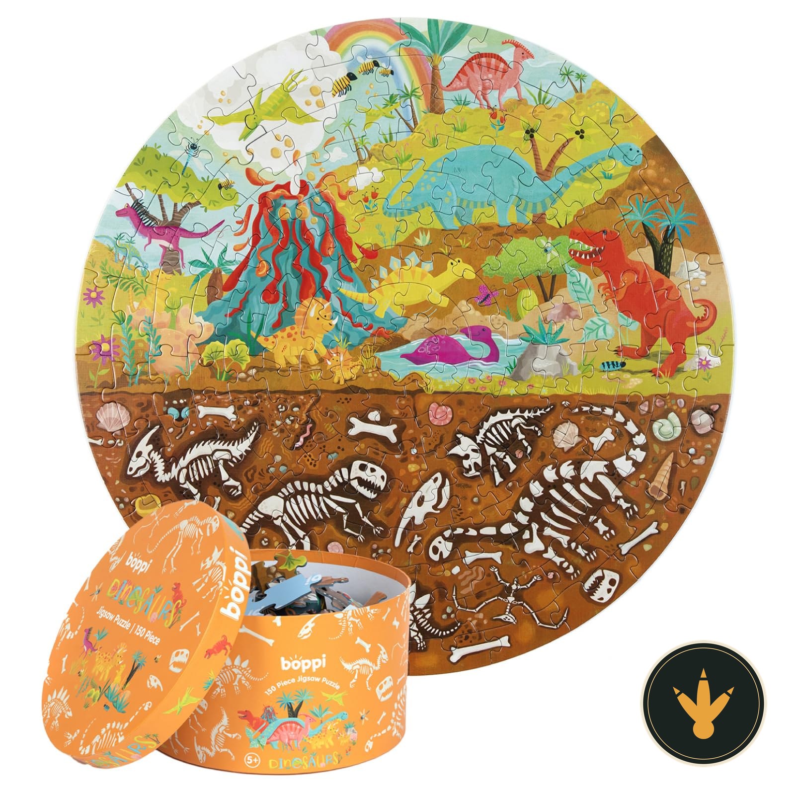 Puzzle rotondo Boppi Dinosauri da 150 pezzi, confezione e puzzle composto