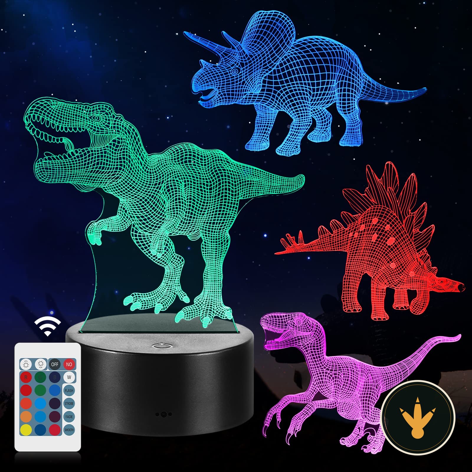 Lampada dinosauro 3D CENOVE accesa con pannello in acrilico