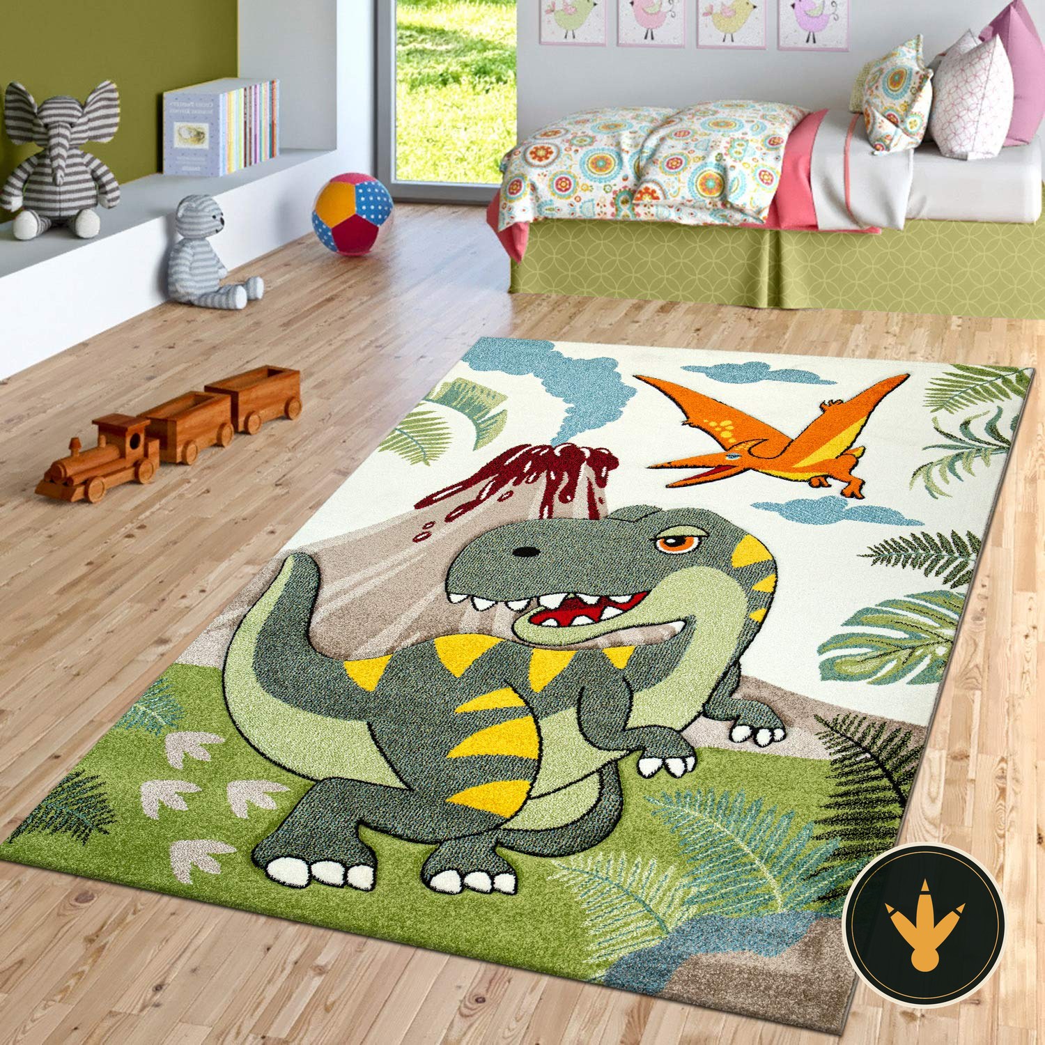Tappeto dinosauri TT Home verde con giungla e vulcano