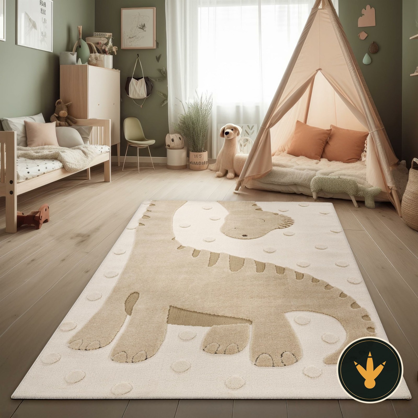 Tappeto dinosauri Paco Home beige con effetto alto-basso