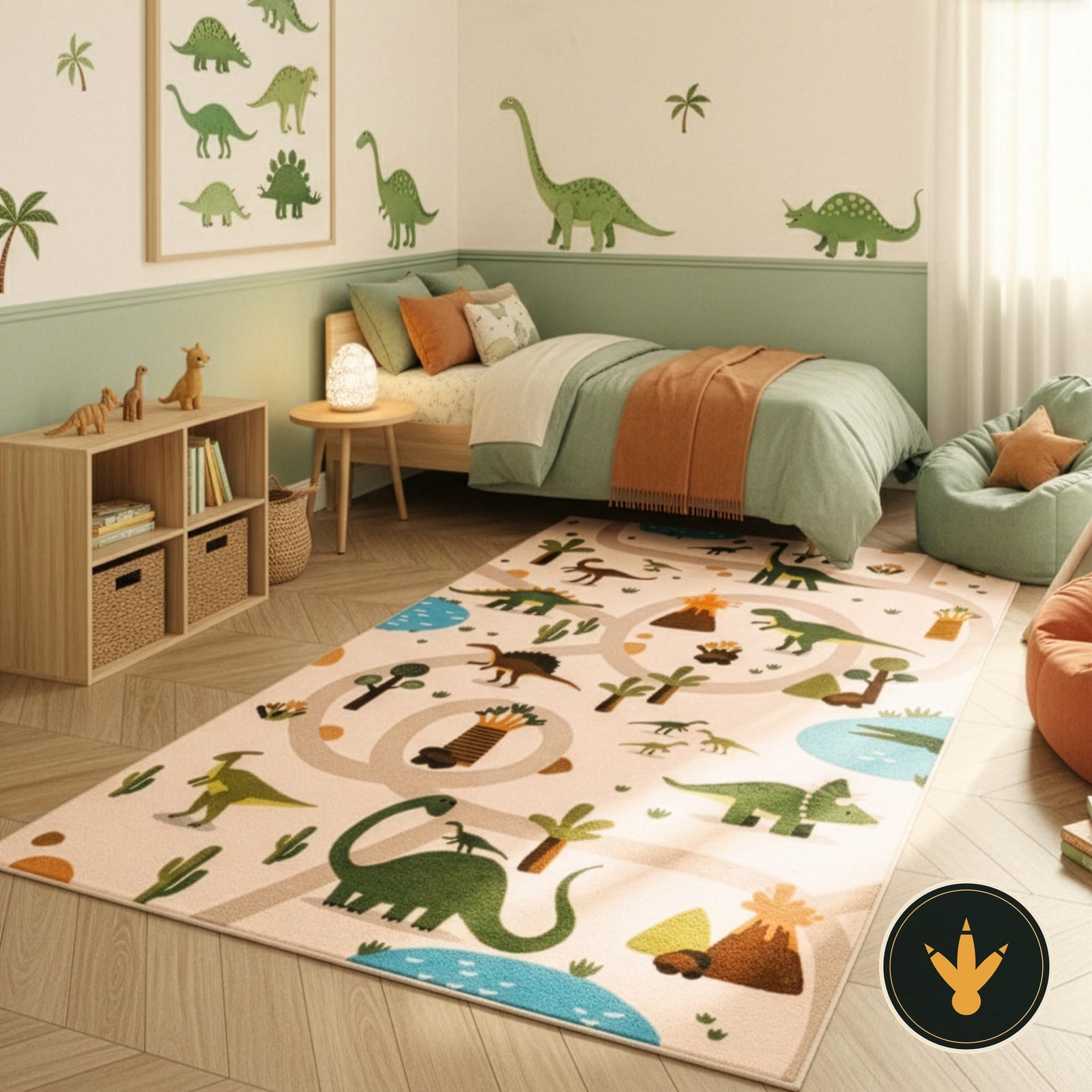Tappeto gioco dinosauri SIMPEX beige con strade e vulcani