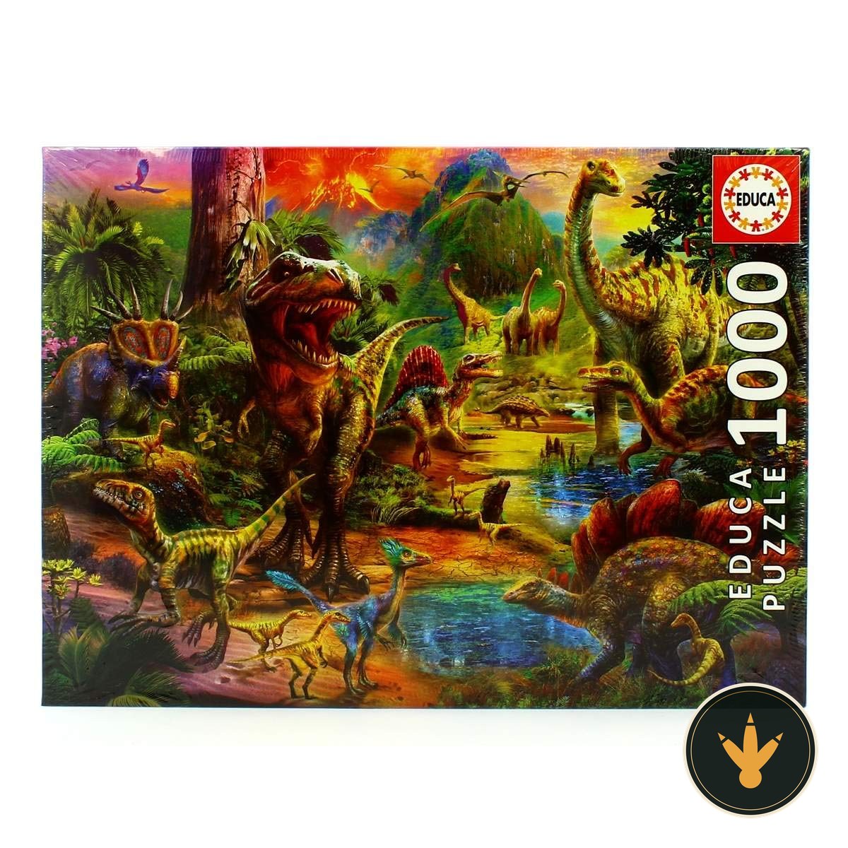 Puzzle Educa Terra di dinosauri da 1000 pezzi, confezione e immagine