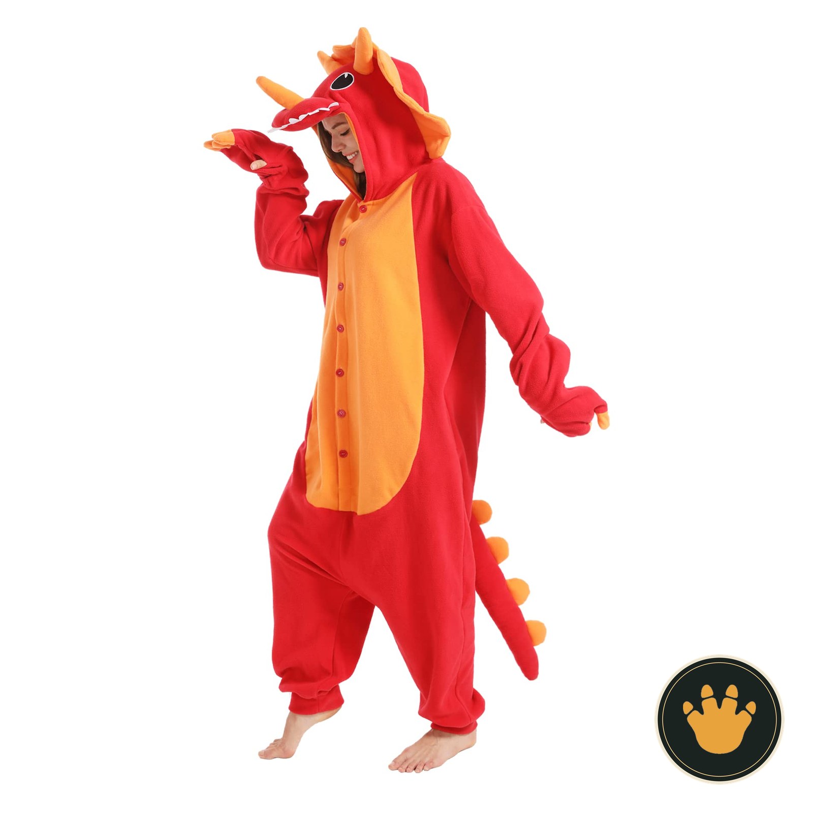 Kigurumi Triceratopo rosso dressfan per adulti con corna sul cappuccio