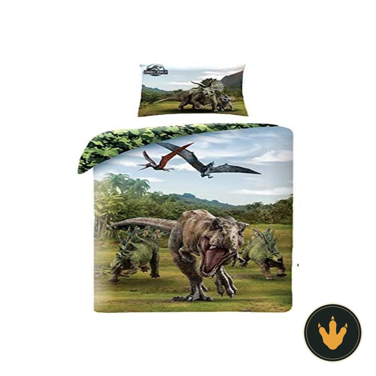 Copripiumino Jurassic World con T-Rex e federa con Triceratopi