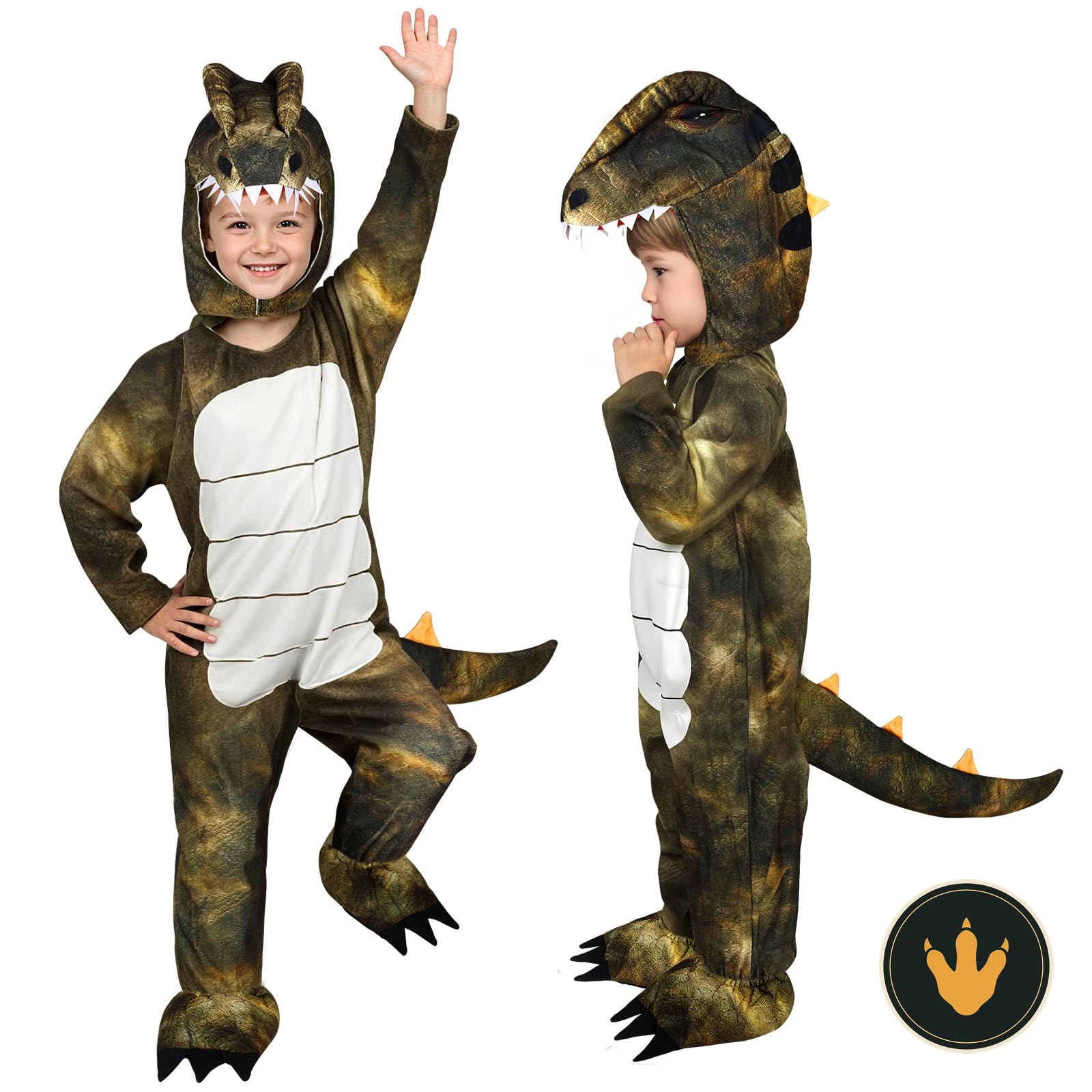 Costume T-Rex grigio AYBUY per bambino con cappuccio a testa di dinosauro