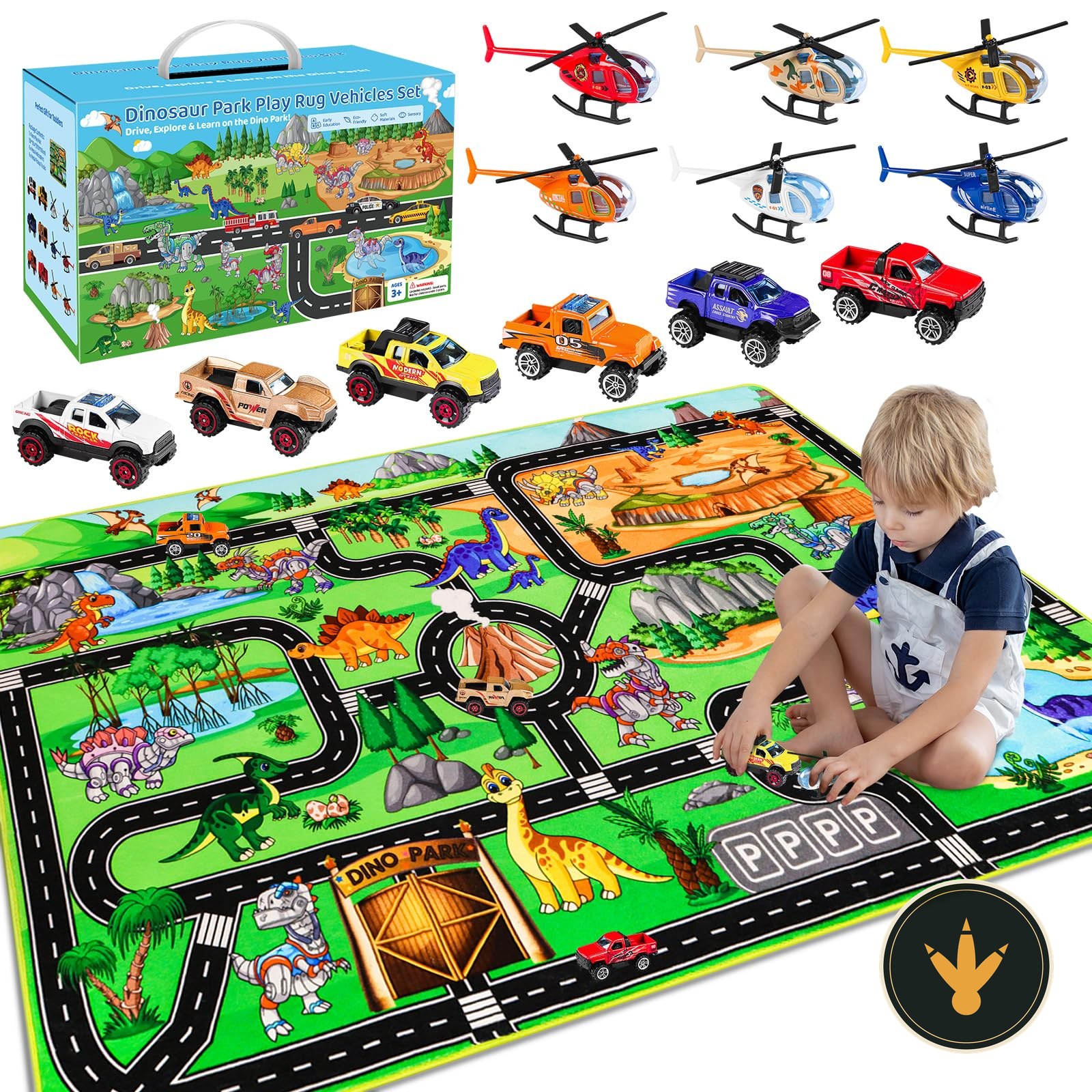 Tappeto gioco dinosauri DINSUMRUG con elicotteri e pickup