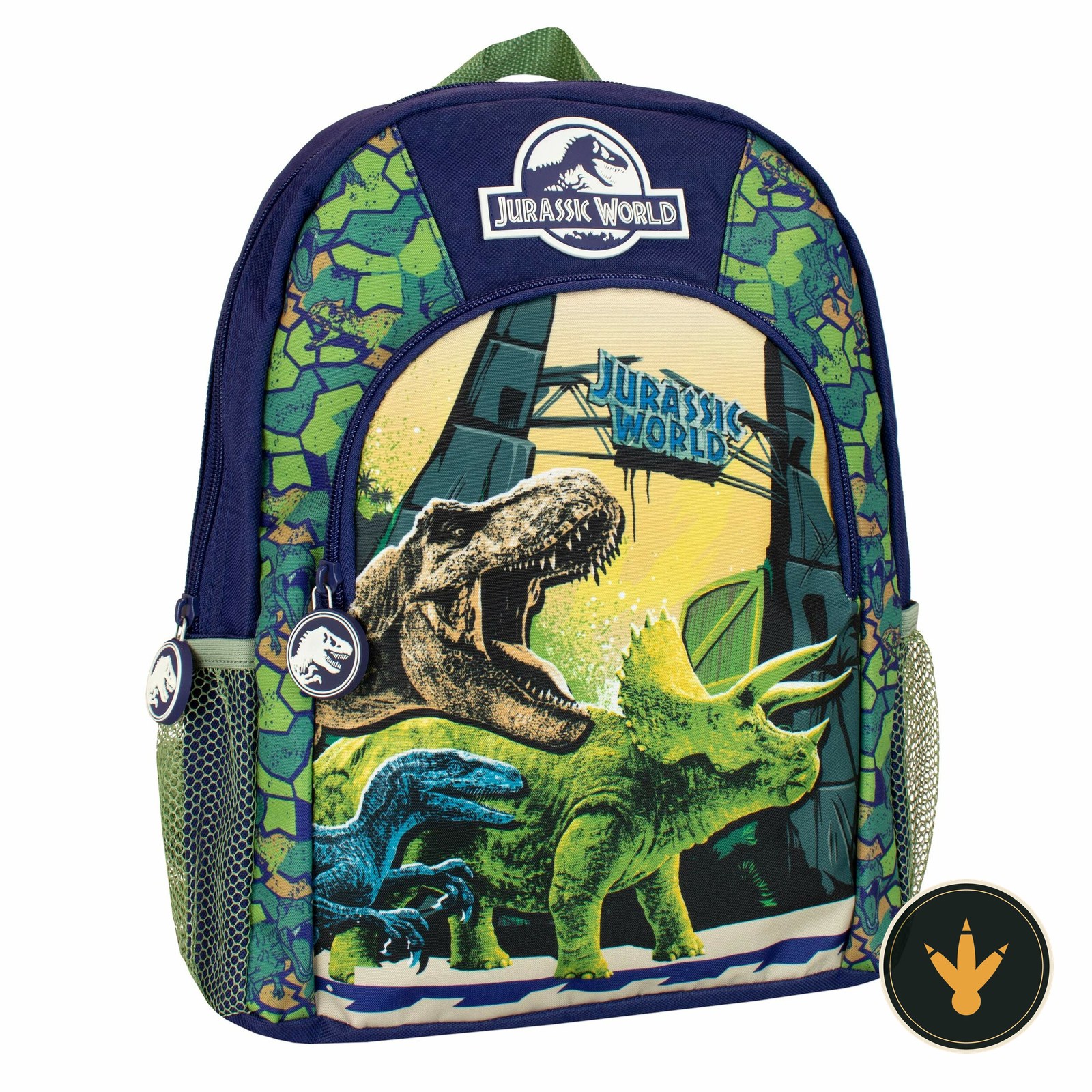 Zaino Jurassic World blu e verde con Velociraptor, T-Rex e Triceratopo