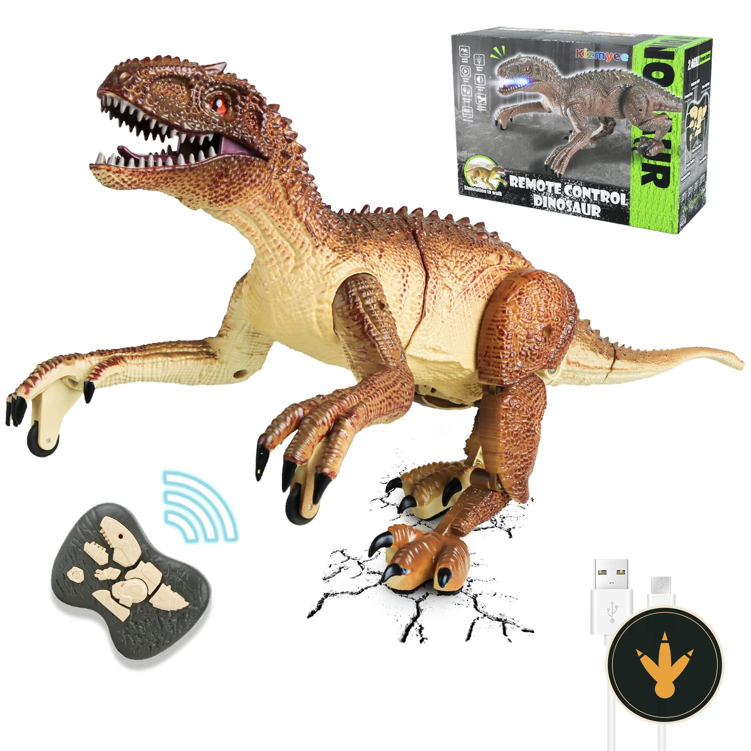 Dinosauro telecomandato Kizmyee giallo con il telecomando a forma di fossile