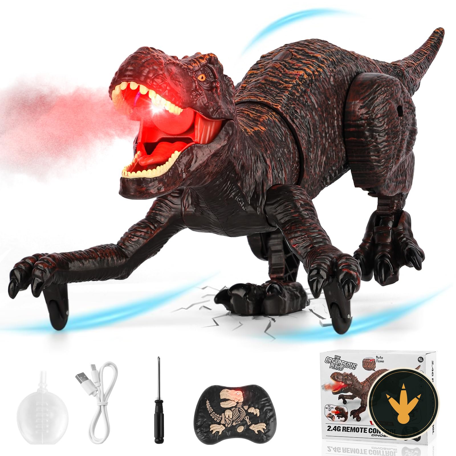 Dinosauro telecomandato Buoeuik marrone che spruzza vapore dalla bocca