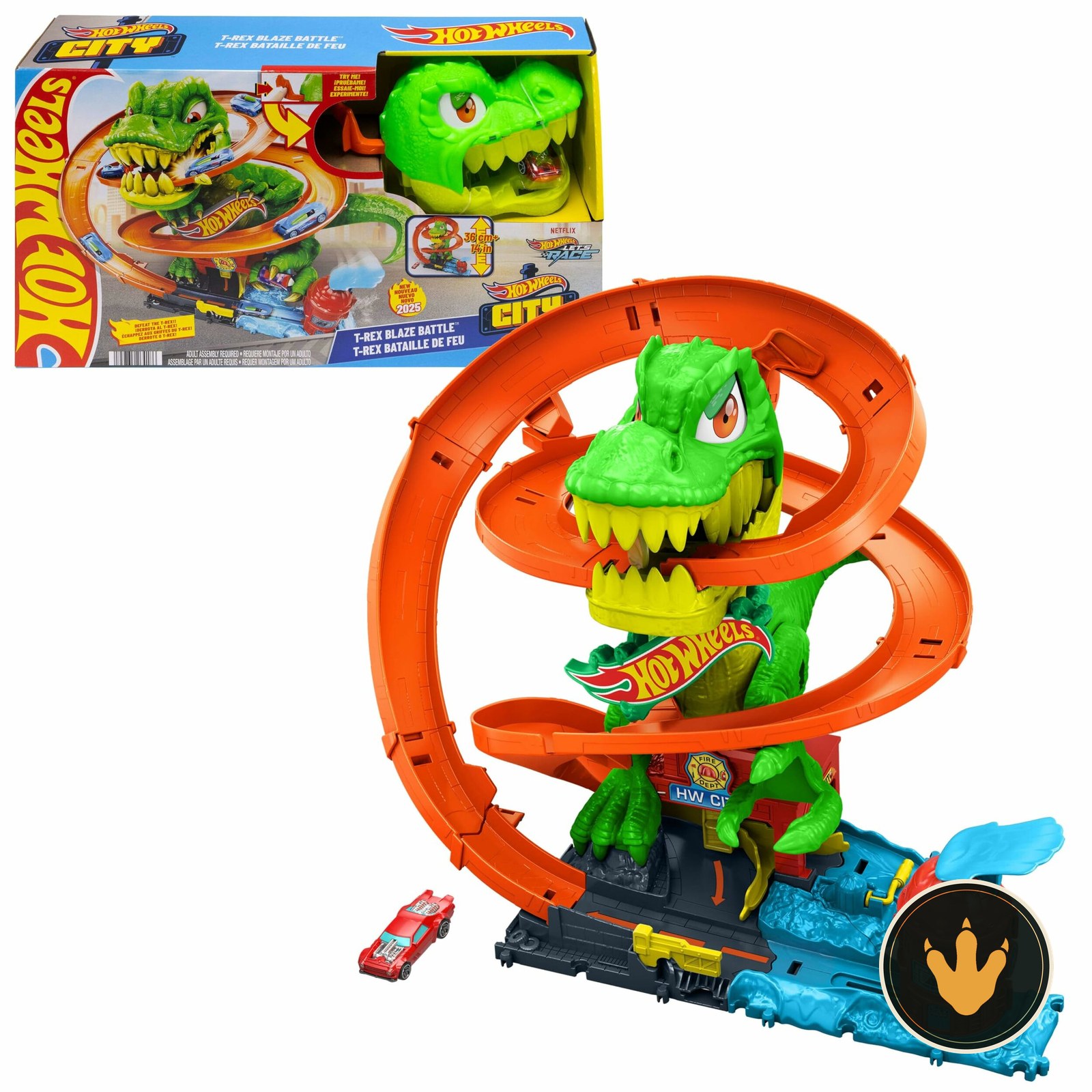 Pista Hot Wheels City con grande T-Rex verde sulla caserma dei pompieri