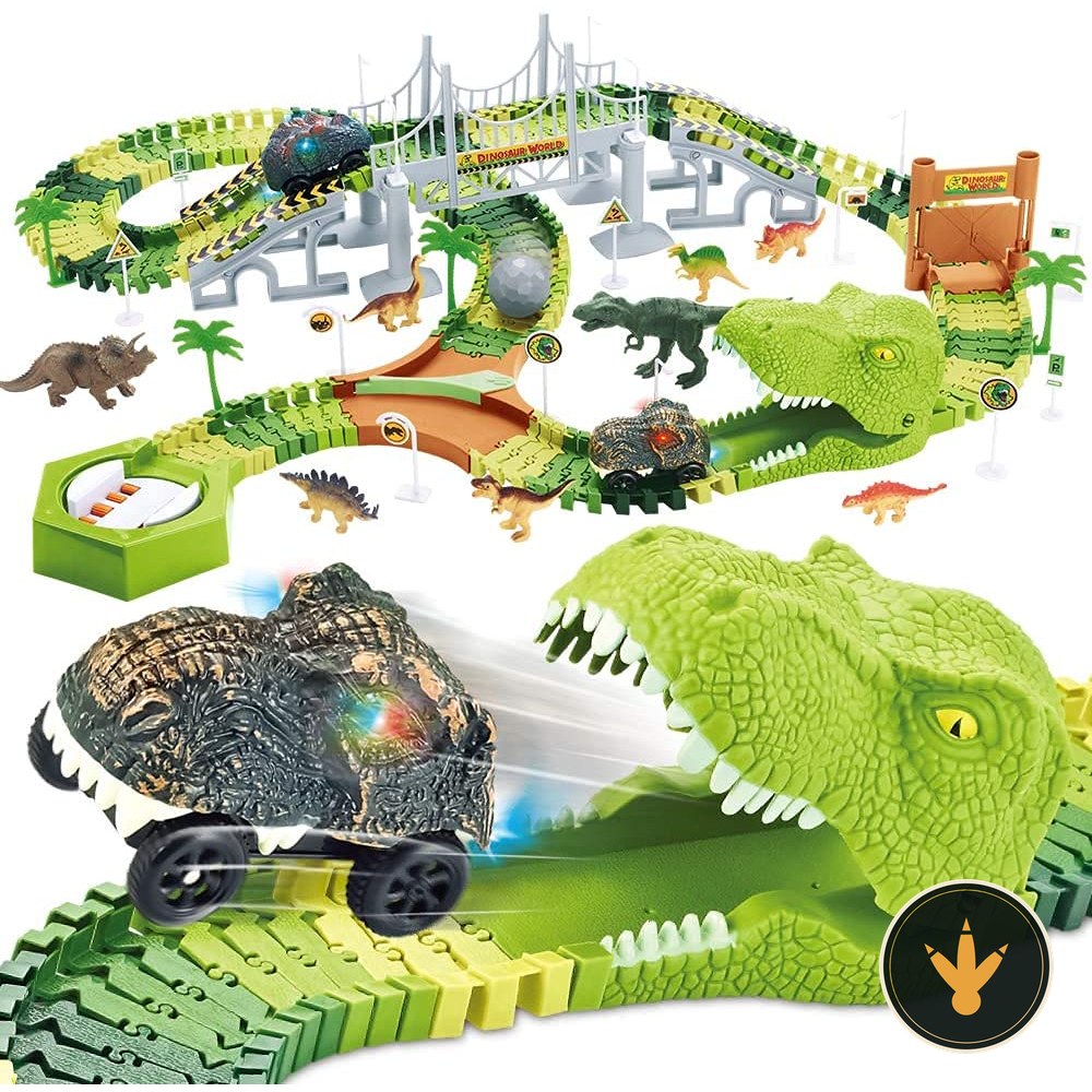 Pista dinosauri Mini Tudou montata con binari colorati e figure