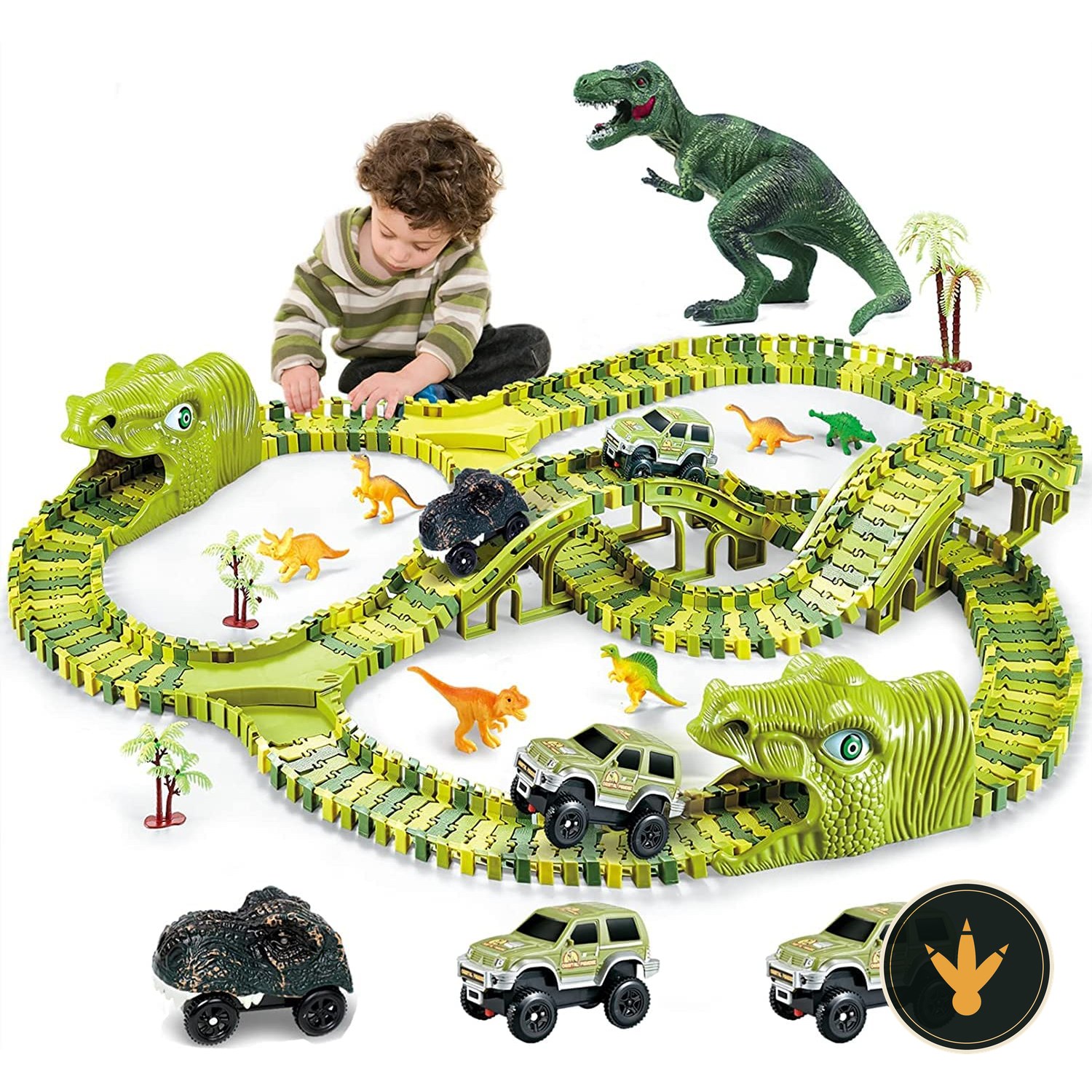 Pista dinosauri burgkidz con binari verdi, veicoli e figure