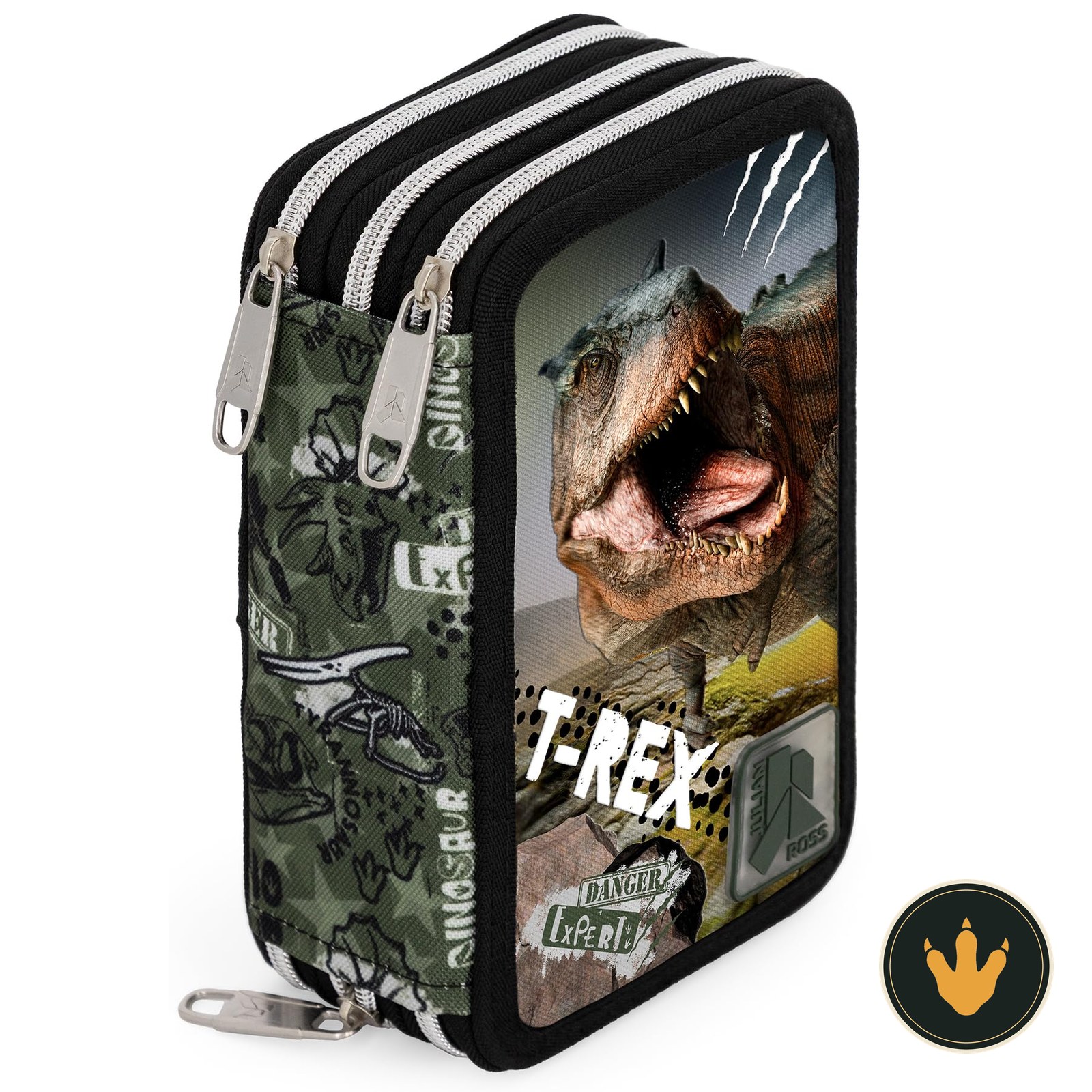 Astuccio a tre zip Julian Ross Jungle Rex con T-Rex in copertina