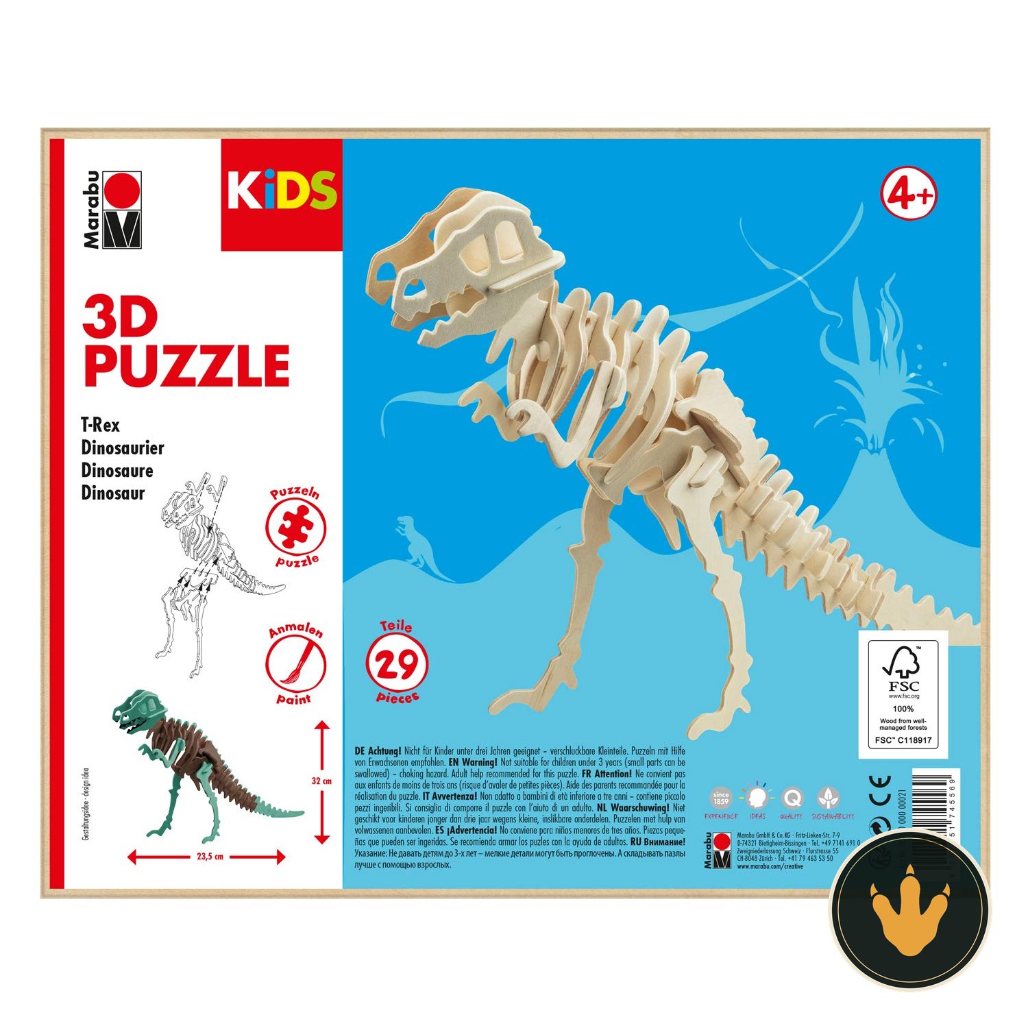 Puzzle 3D in legno T-Rex Marabu Kids montato