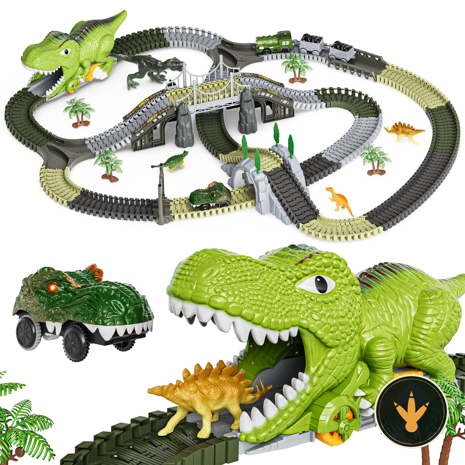 Pista dinosauri TUMAMA montata con binari, tunnel e alberi