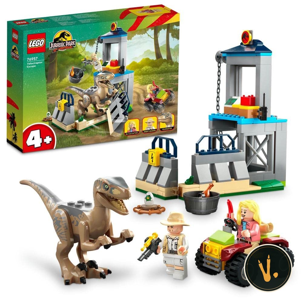 LEGO Jurassic Park La fuga del Velociraptor 76957, confezione e set montato