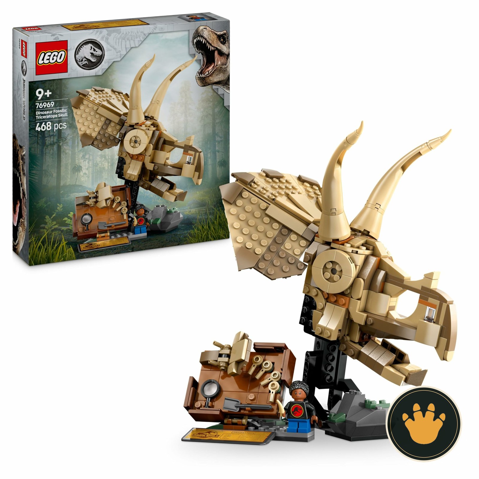 LEGO Jurassic World teschio di Triceratopo 76969, confezione e modello montato