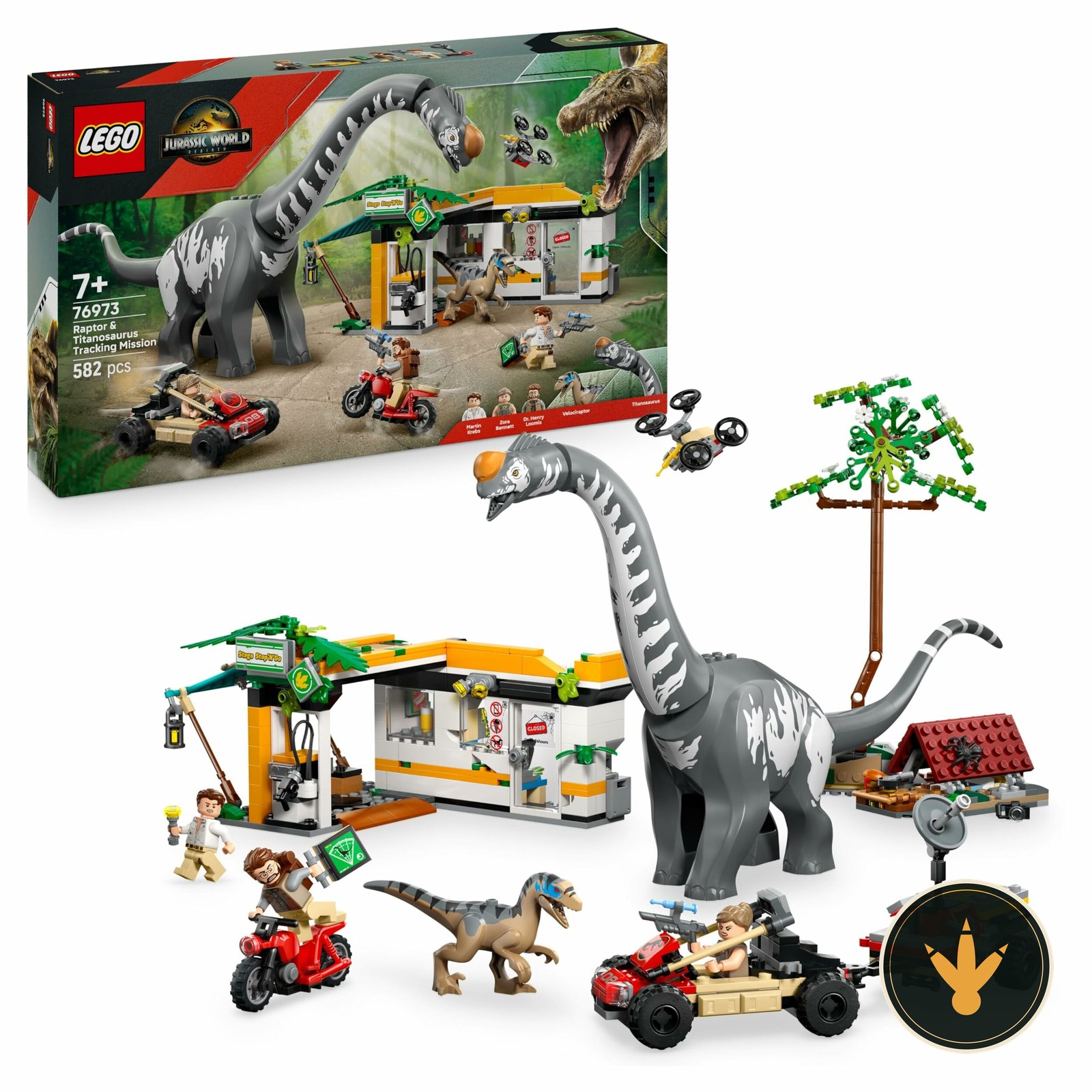 LEGO Jurassic World Alla ricerca del Raptor e del Titanosauro 76973, confezione e set