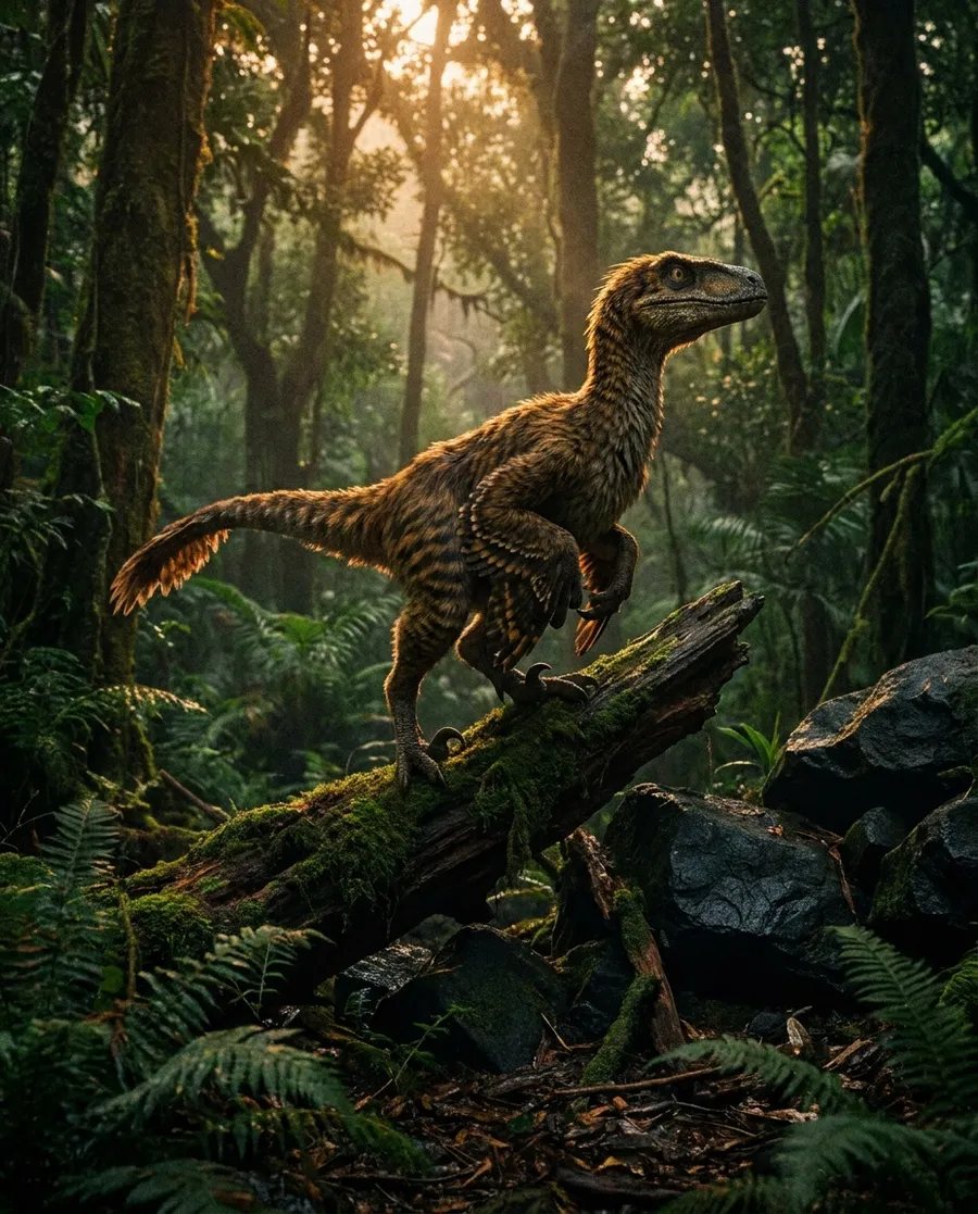 Velociraptor piumato su un tronco