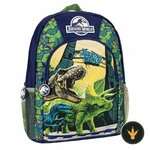 Zaino Jurassic World blu e verde con Velociraptor, T-Rex e Triceratopo