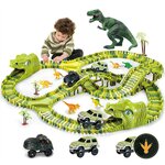 Pista dinosauri burgkidz con binari verdi, veicoli e figure