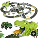 Pista dinosauri TUMAMA montata con binari, tunnel e alberi