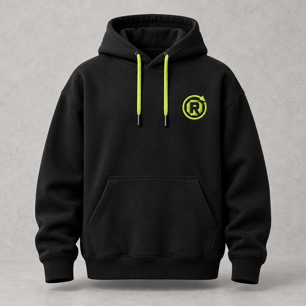 Hoodie noir Respawn, cordons vert acide et emblème brodé sur la poitrine