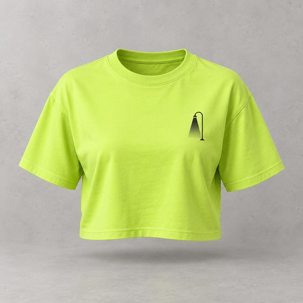 T-shirt crop femme vert acide, petit lampadaire noir imprimé