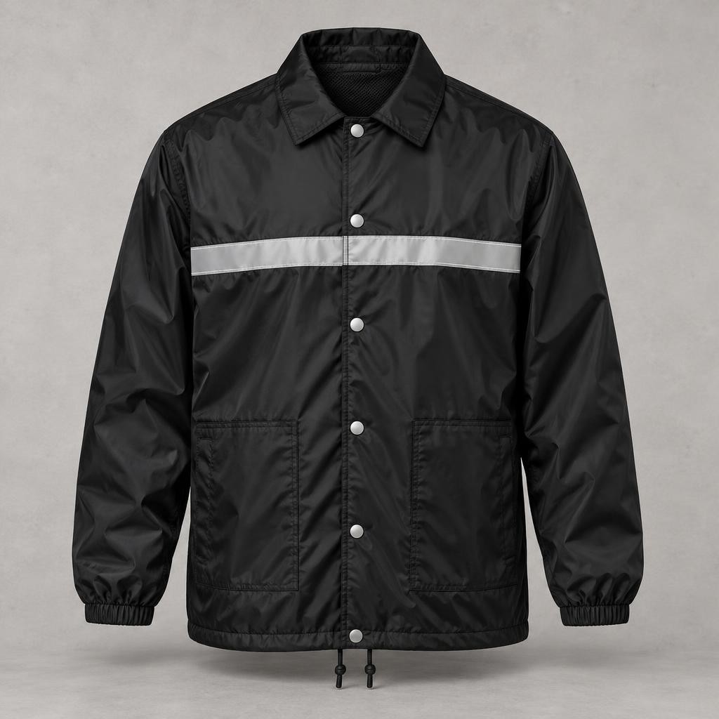 Veste coach noire à pressions, bande réfléchissante sur la poitrine
