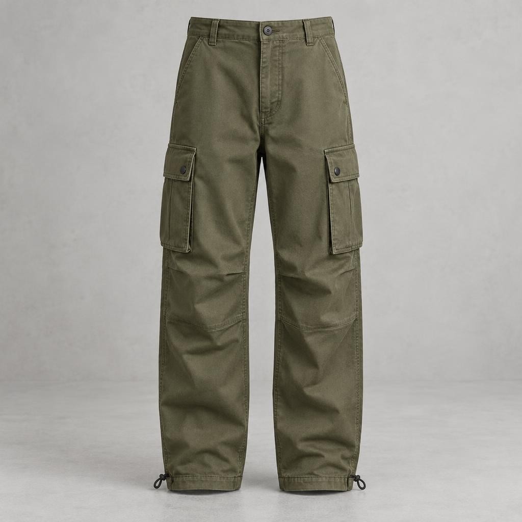 Pantalon cargo kaki olive, poches à rabat et bas resserrables