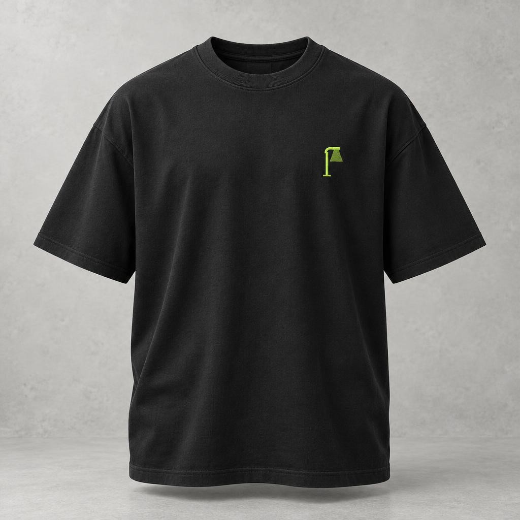 T-shirt oversize noir Spawn Point, lampadaire brodé vert acide sur la poitrine