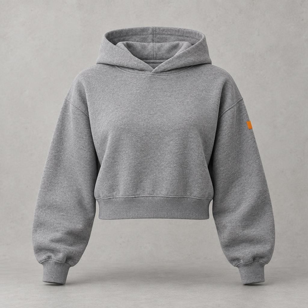 Hoodie court femme gris béton chiné, étiquette orange sur la manche