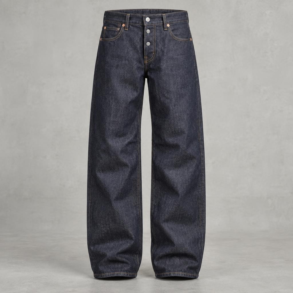 Jean baggy homme en denim brut indigo, surpiqûres dorées