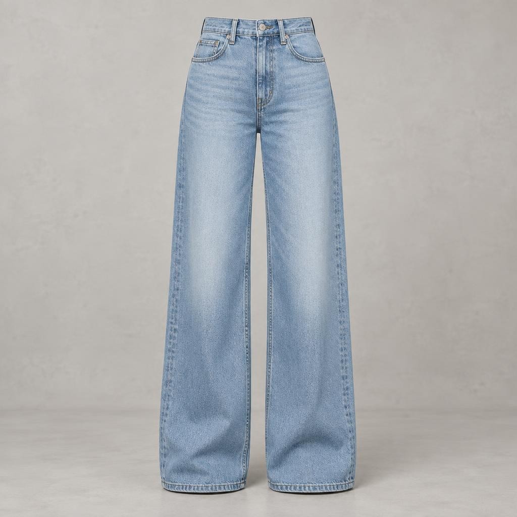 Jean large femme taille haute bleu délavé
