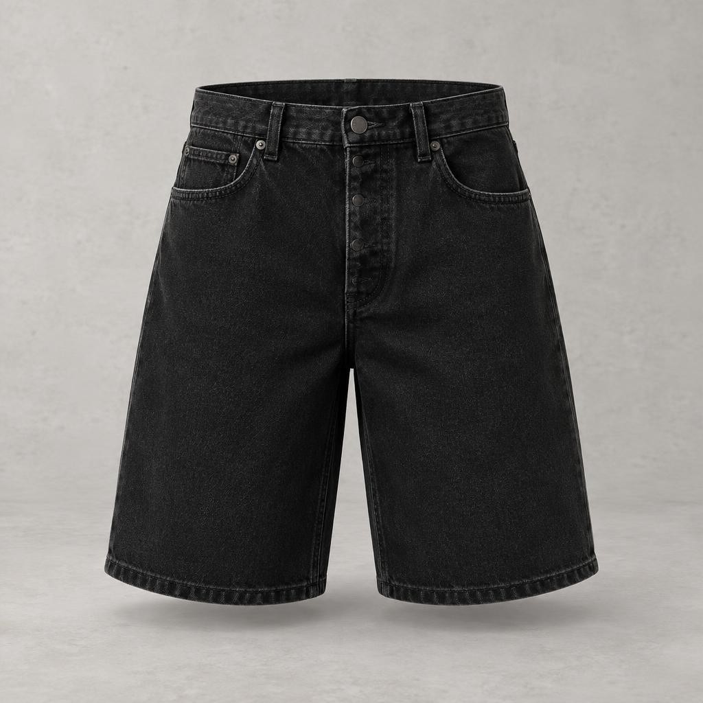 Short en denim noir, coupe large longueur genou
