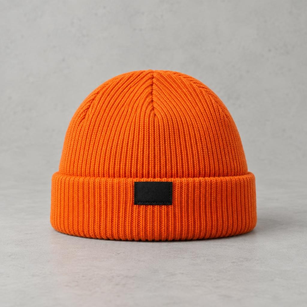 Bonnet docker côtelé orange cône, étiquette noire sur le revers