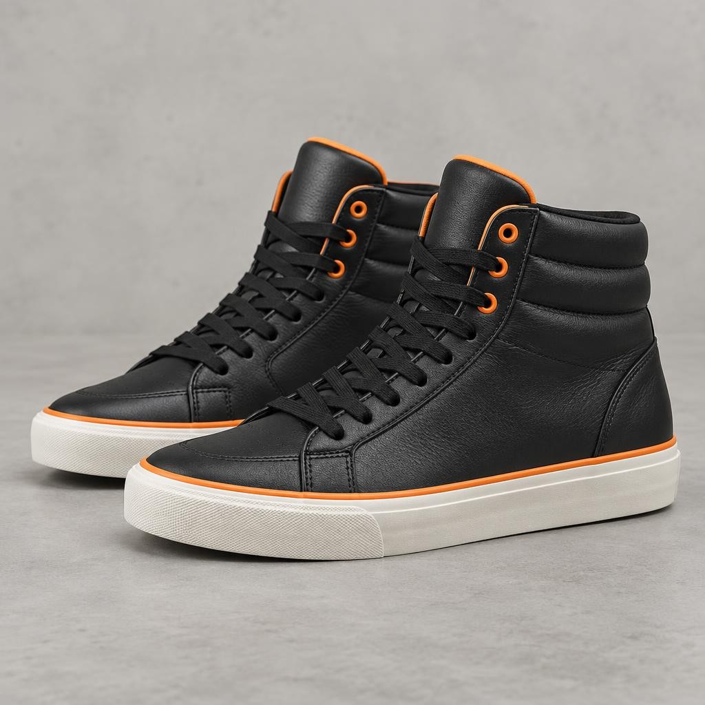 Sneakers skate montantes Bowl Hi, cuir noir et détails orange cône