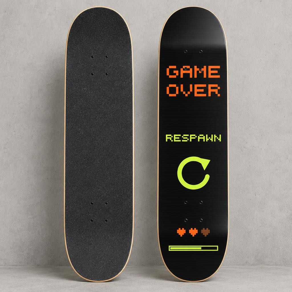 Plateau Game Over : dessus grip noir et dessous graphisme pixel art