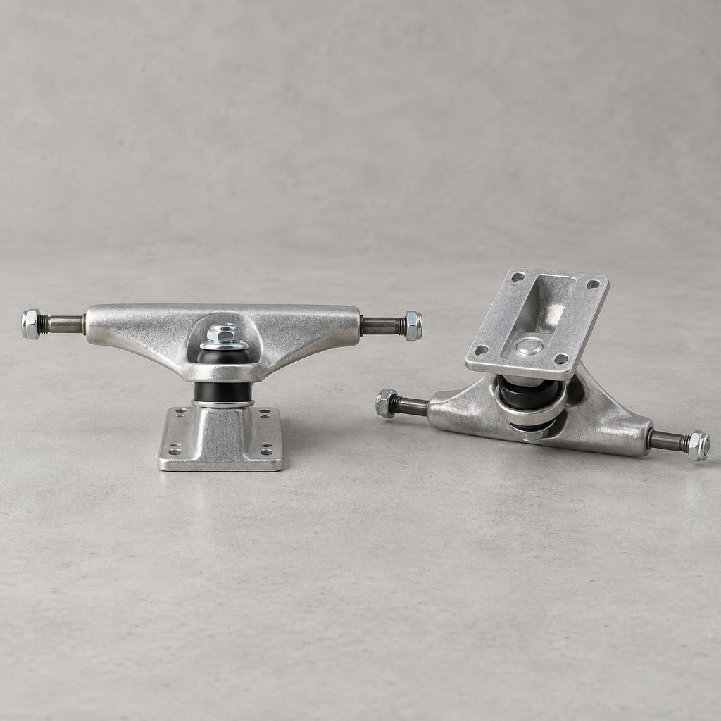 Paire de trucks de skate en aluminium brut, gommes noires