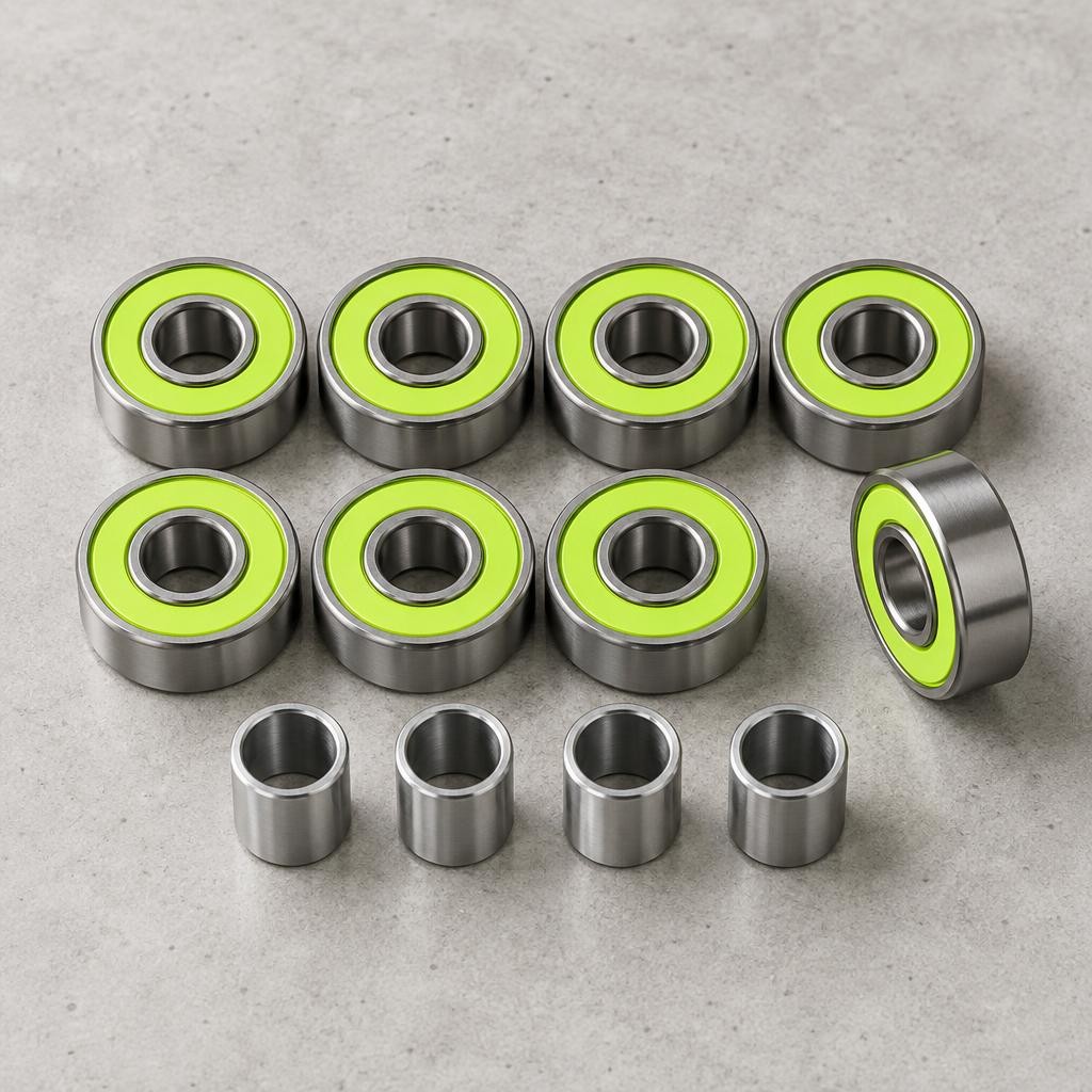 Huit roulements de skate en acier, flasques vert acide, et entretoises