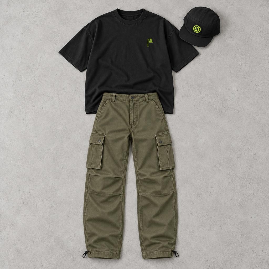 Look Spawn Point à plat : t-shirt noir, cargo kaki et casquette