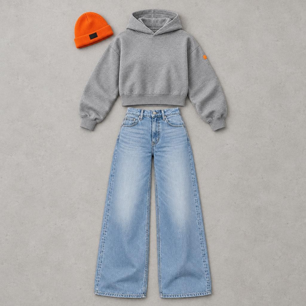 Look Night Session à plat : hoodie court gris, jean large et bonnet orange