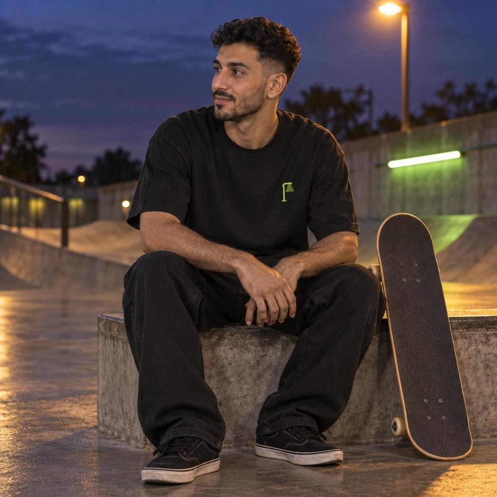 Sami porte le t-shirt oversize noir Spawn Point au skatepark, le soir