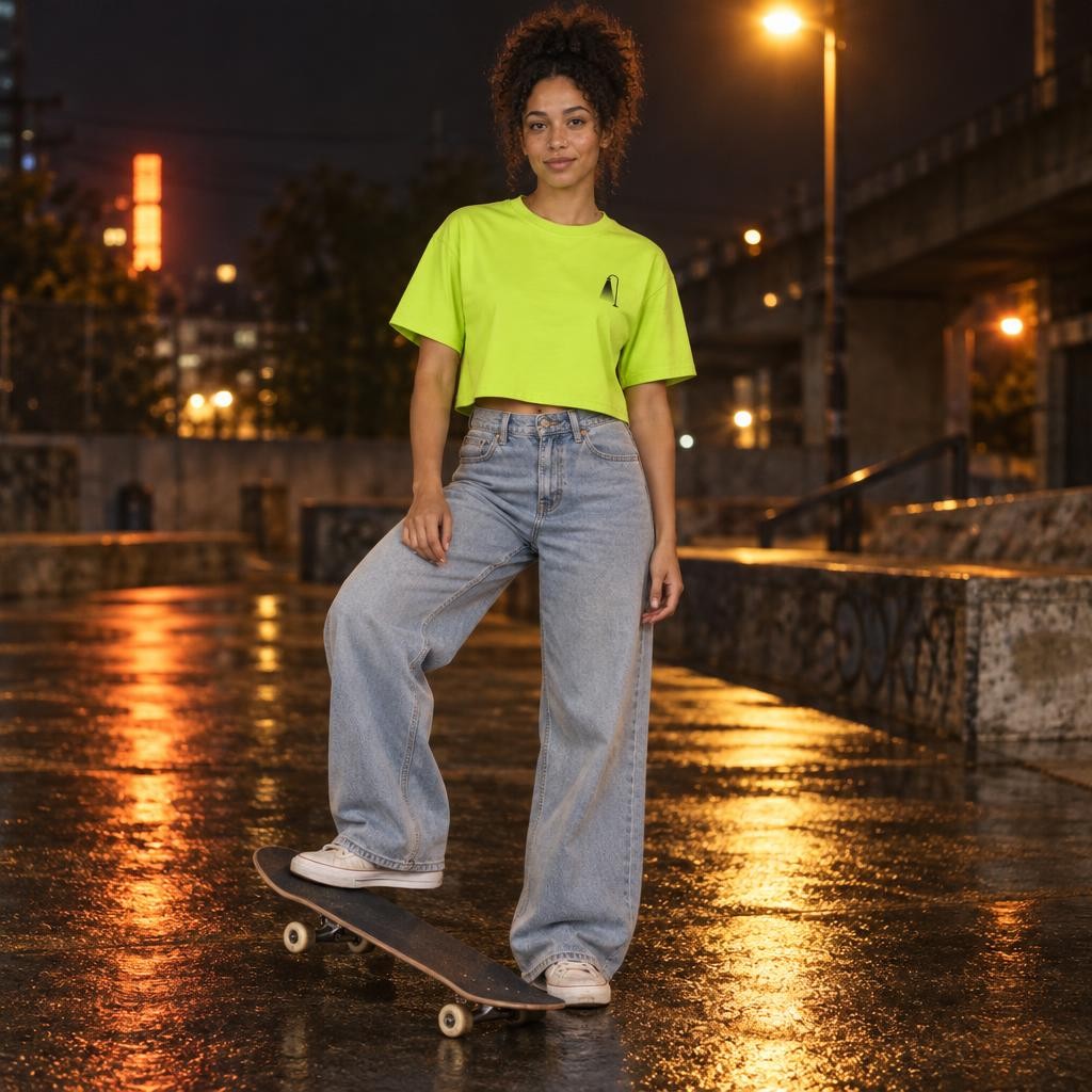 Nora porte le t-shirt crop vert acide Lampadaire dans la rue, la nuit