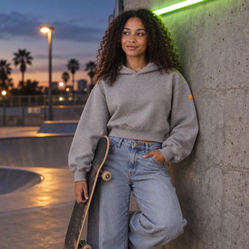 Nora porte le hoodie court gris béton contre un mur sous un néon