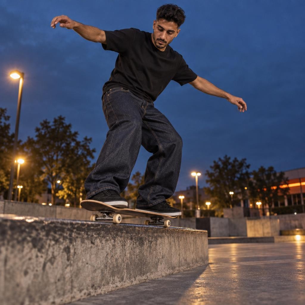 Sami en 50-50 sur un rebord avec le jean baggy brut Ledge